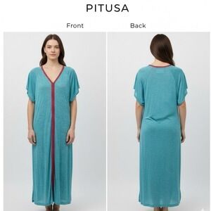 Pitusa Inca Maxi Dress Tiffany Green V-Neck Kaftan Coverup Standard Peru